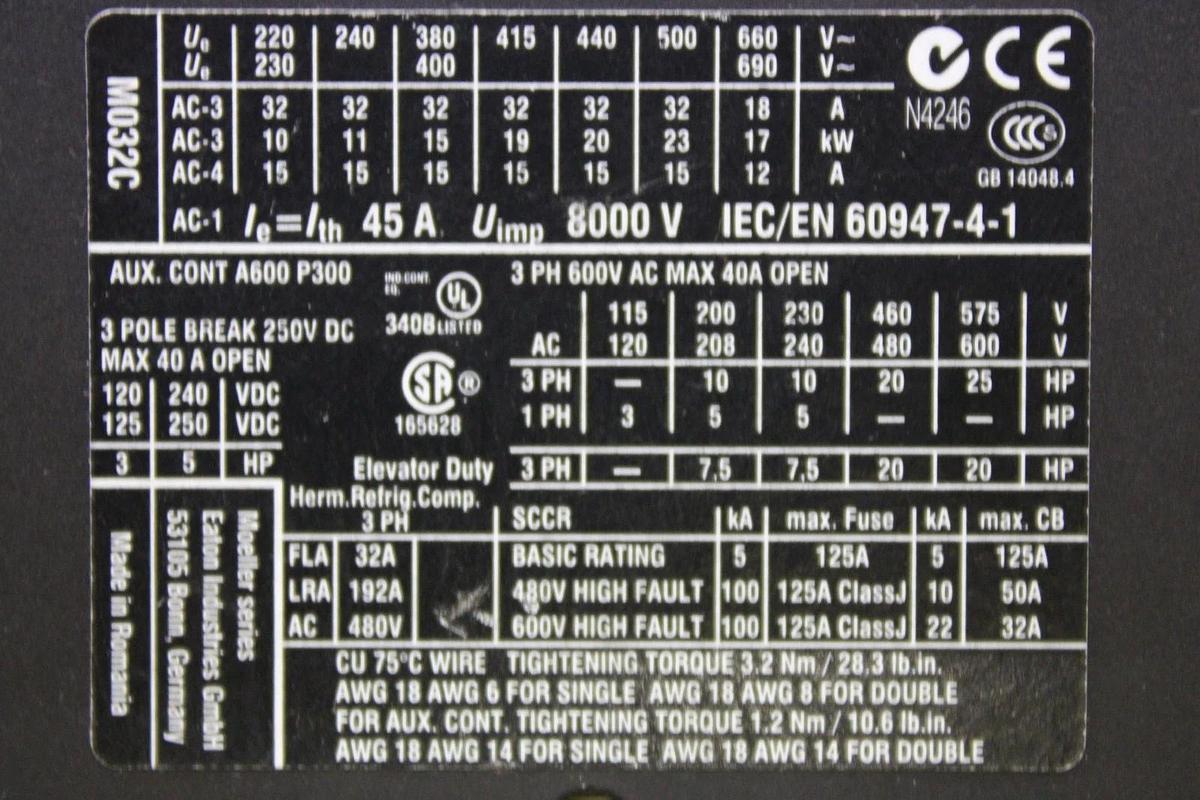 Used EATON CONTACTOR XTCE032C10 40 AMP 3-PHASE 600 VAC 3-POLE 25 HP W/ XTCEXFAC11