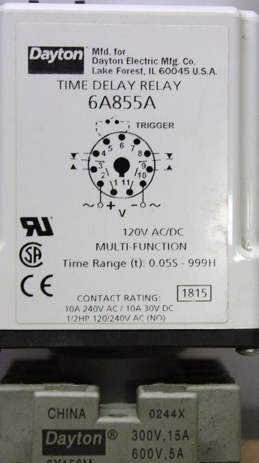 Used DAYTON ADJUSTABLE TIME DELAY RELAY 6A855A 0.05 SEC TO 999 HOUR 120 VAC 10 AMP