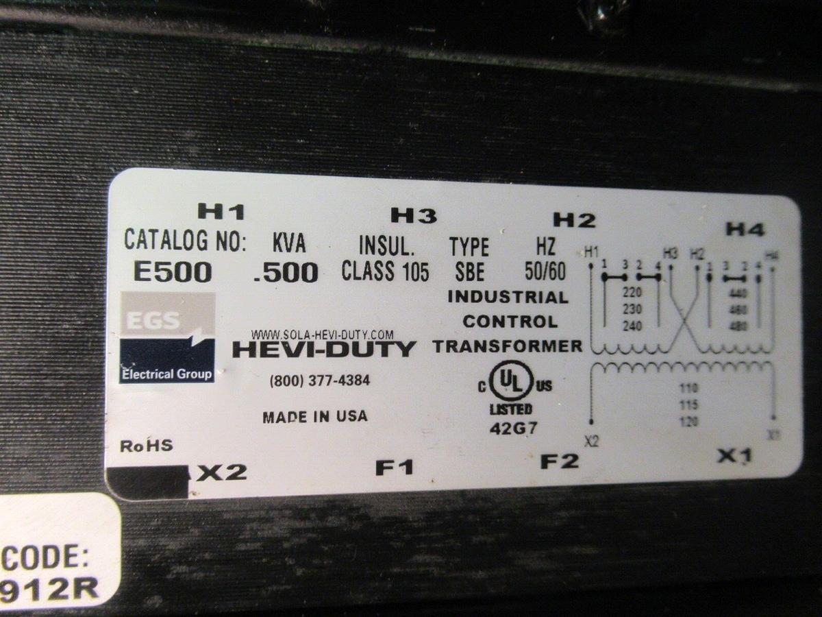Used GENERAL SIGNAL HEVI-DUTY TRANSFORMER E500 0.5 KVA 240/480 VAC 60 HZ