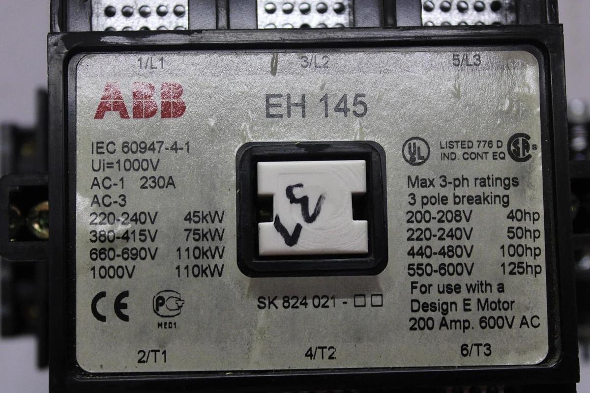 Used ABB CONTACTOR EH145 200 AMP 600 VAC 3-POLE 125 HP COIL: 24 VOLT *WARRANTY*