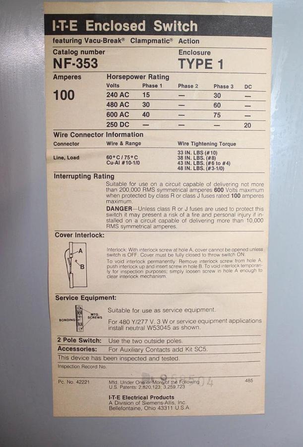 Used ITE ENCLOSED DISCONNECT SWITCH NF353 100 AMP 600 VAC TYPE 1 ENCLOSURE HEAVY DUTY
