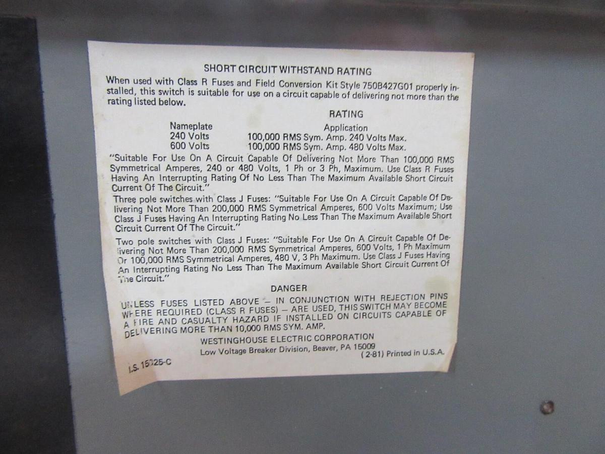 Used WETINGHOUSE FUSE PANELBOARD SWITCH FDP-365R 400 AMP 600 VAC 350 HP 3-POLE