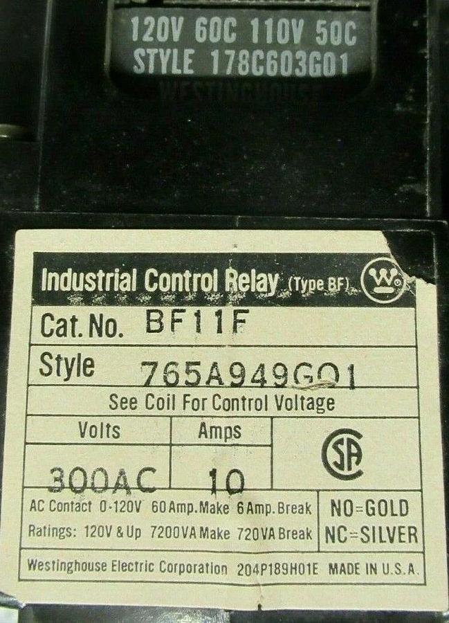 Used WESTINGHOUSE CONTROL RELAY BF11F 300 VAC 10 AMP COIL: 120 VAC