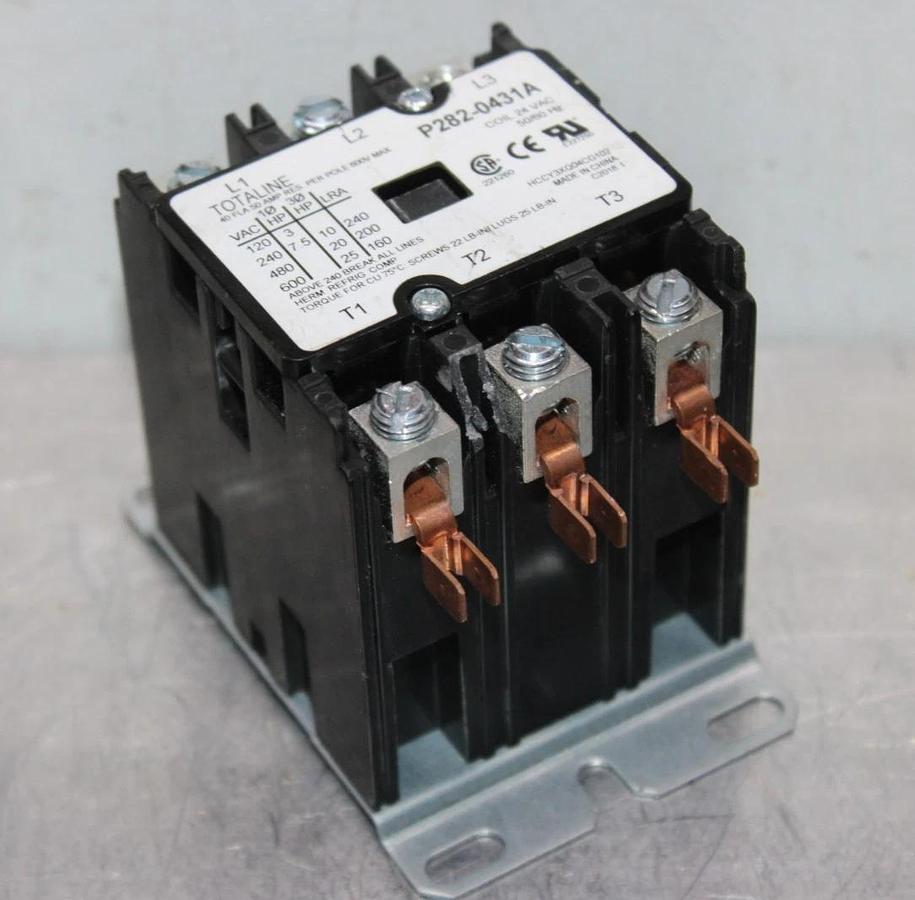 Used TOTALINE CONTACTOR P282-0431A 600 VAC 40 AMP 25 HP 3-POLE COIL: 24 VAC