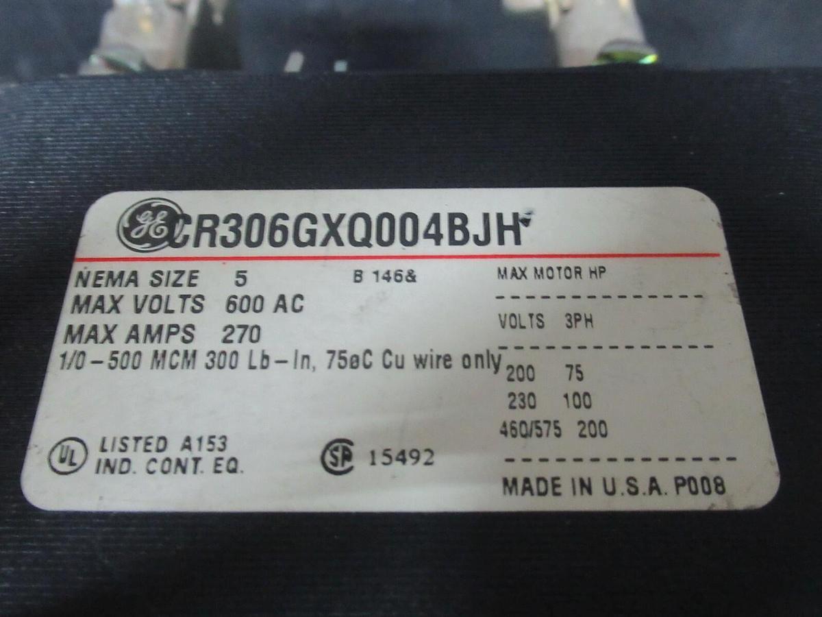 Used GE NEMA 5 STARTER CR306GXQ004BJH 600 VAC 270 AMP 200 HP 3-PHASE W/ CR324GXQS