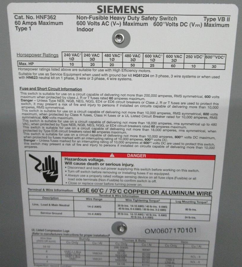 NEW IN BOX SIEMENS HEAVY DUTY FUSIBLE SAFETY SWITCH HNF362 600 VAC 60 AMP