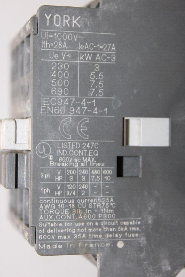 Used YORK CONTACTOR 024-25521-000 25 AMP 600 VAC 10 HP COIL: 110 VOLT **WARRANTY**