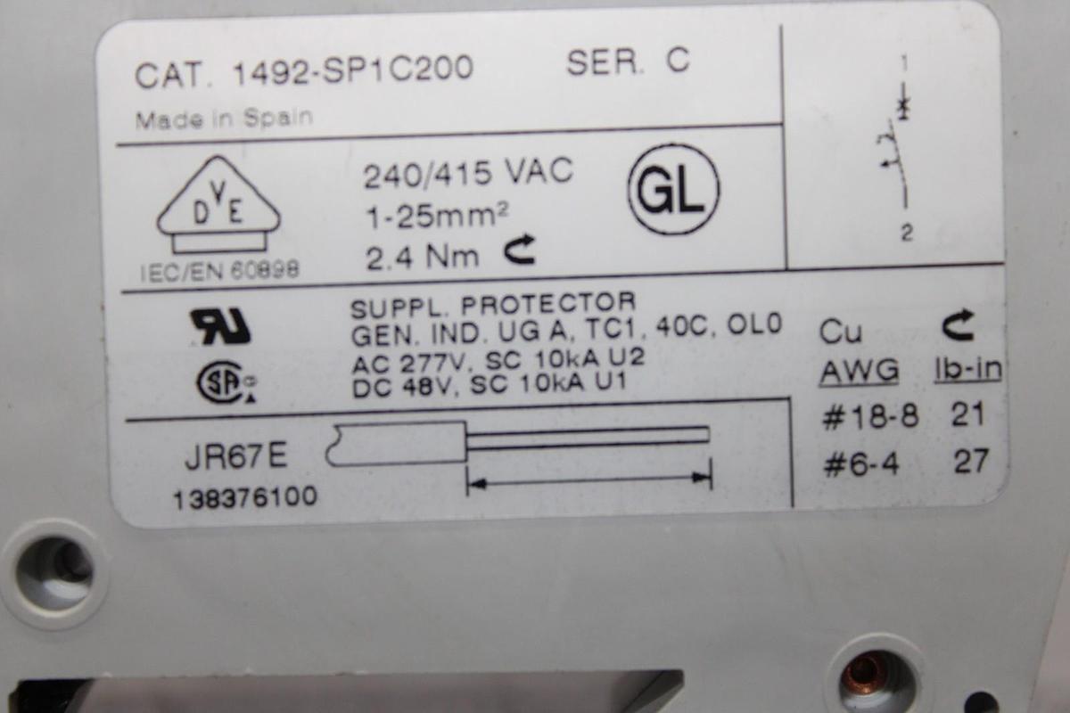 Used ALLEN-BRADLEY SINGLE POLE CIRCUIT BREAKER 1492-SP1C200 20 AMP 240/277 VAC