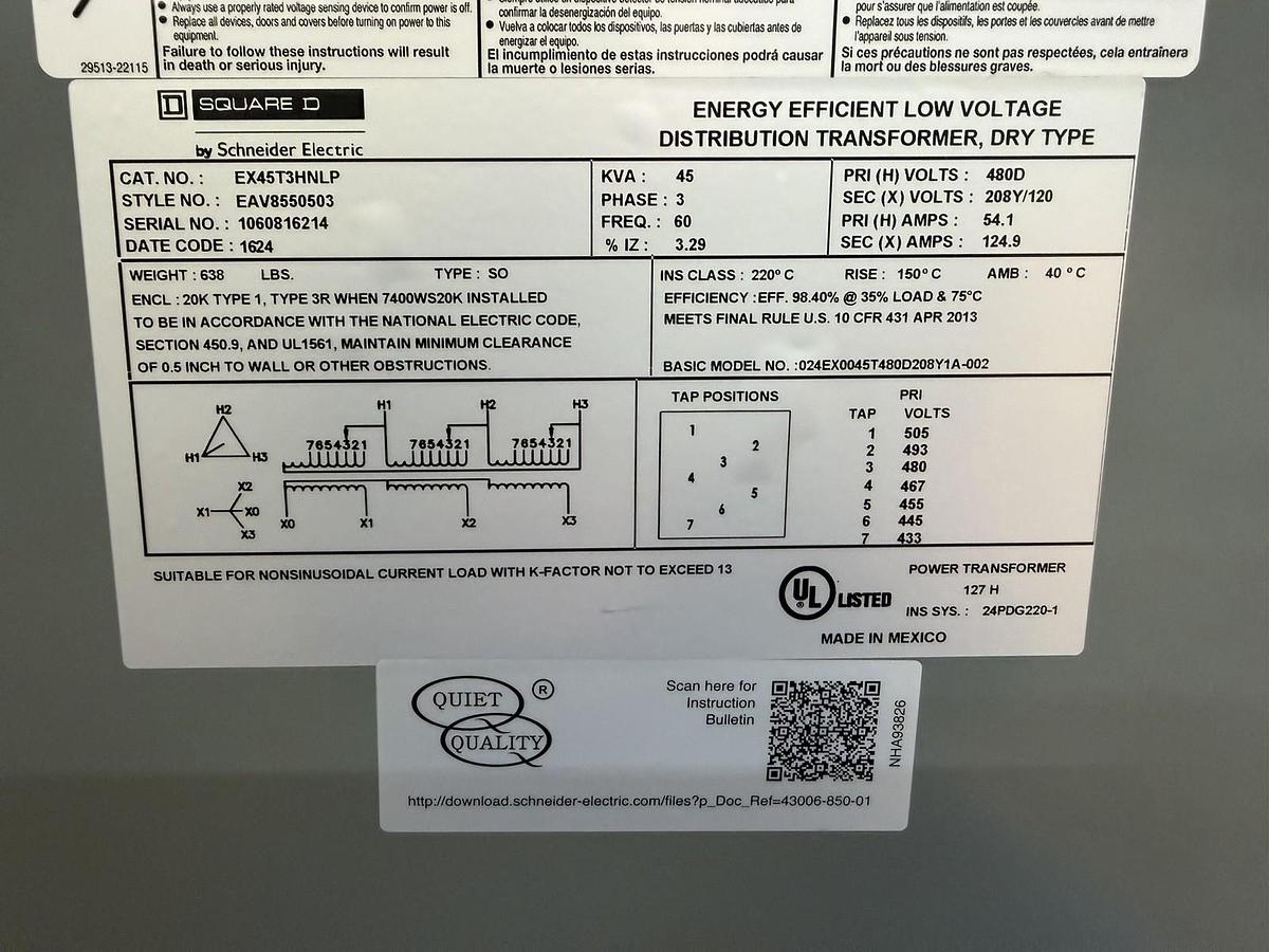 Used 45 KVA SQUARE D TRANSFORMER EX45T3HNLP PRI: 480V @ 54.1A SEC: 208/120V @ 124.9A