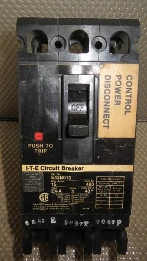 Used ITE SIEMENS BREAKER 15 AMP 480 VAC 3 POLE MODEL E43B015 **WARRANTY INCLUDED**
