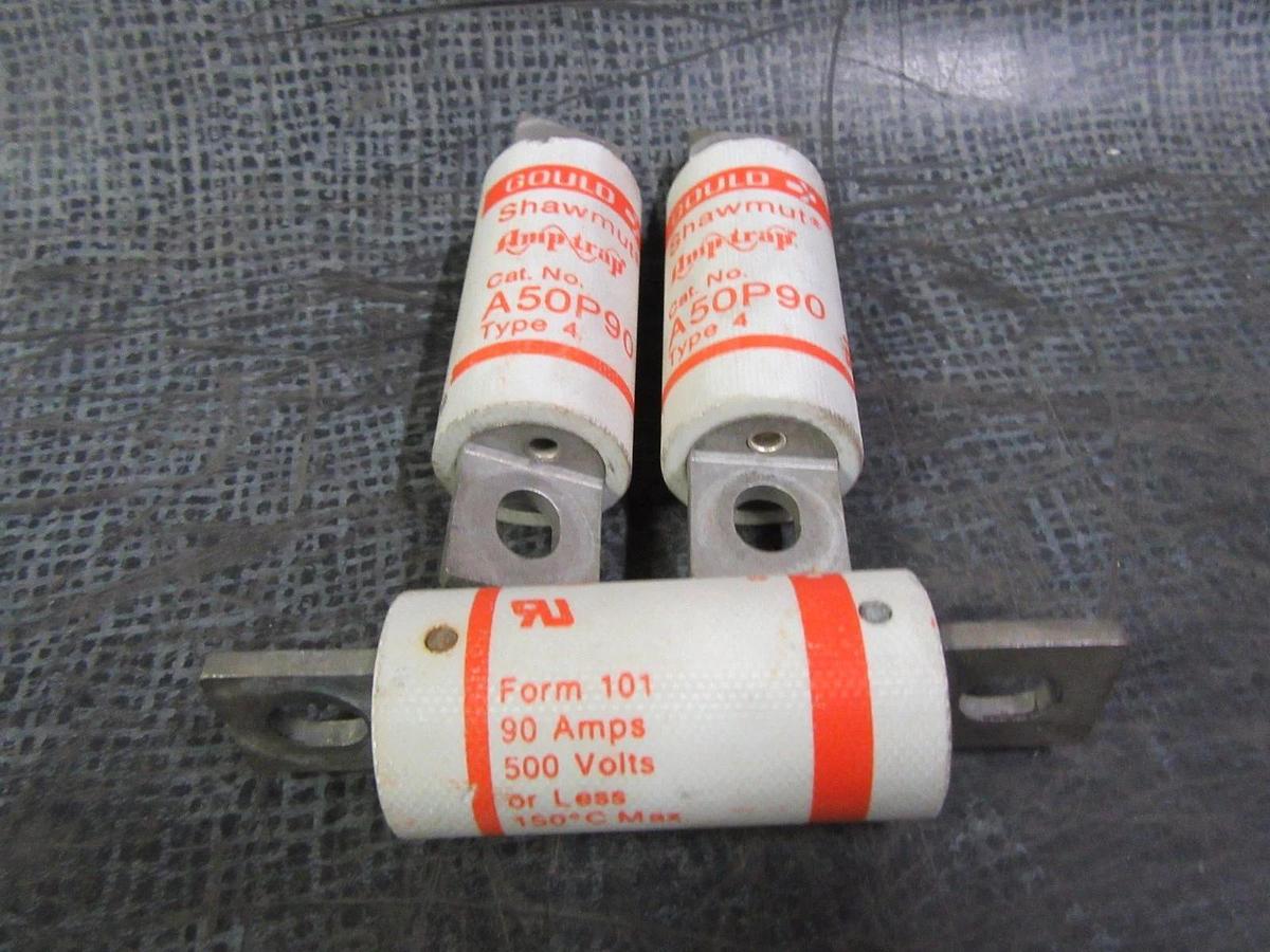 Used LOT OF 3 90 AMP A50P90 GOULD SHAWMUT AMPTRAP FUSE 90 AMP 500 VAC TYPE 4