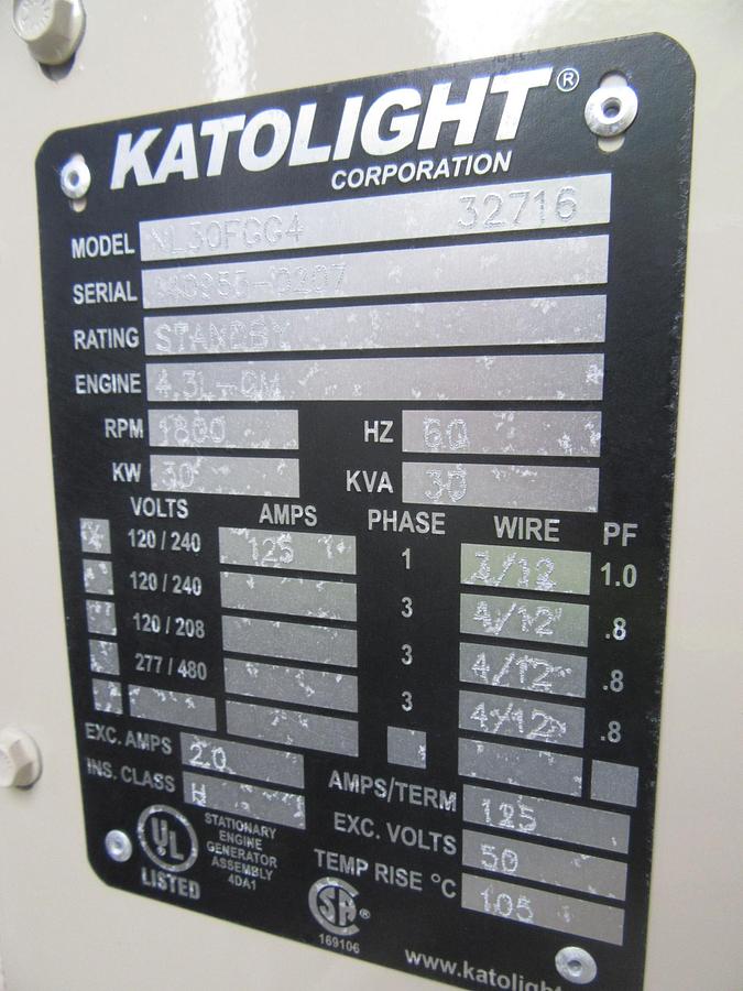 Used 30 KW NATURAL GAS PROPANE GENERATOR KATOLIGHT 120/240V RE-CONNECTABLE 114 HRS VIDEO WE SHIP