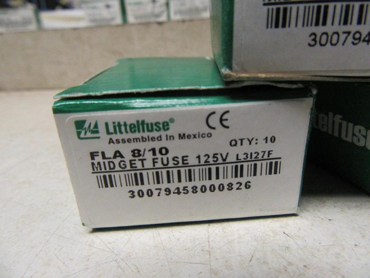 Used FLA 8/10 NEW BOX OF 10 LITTELFUSE FLA 8/10 AMP TIME DELAY NIB 125V MIDGET FUSE