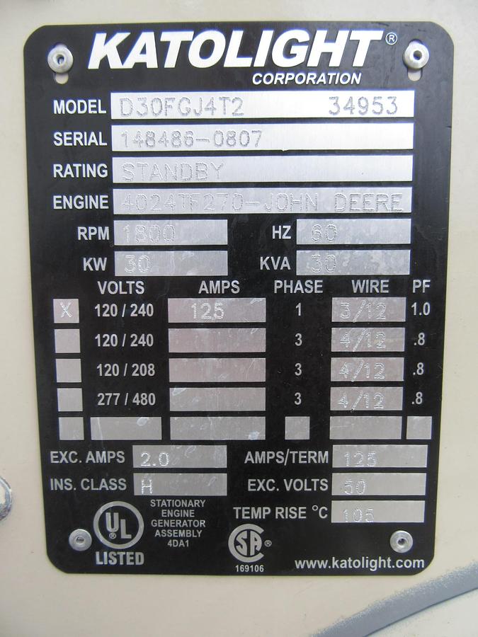Used 30 KW DIESEL GENERATOR KATOLIGHT 120/240V RE-CONNECTABLE 230 HRS VIDEO WE SHIP