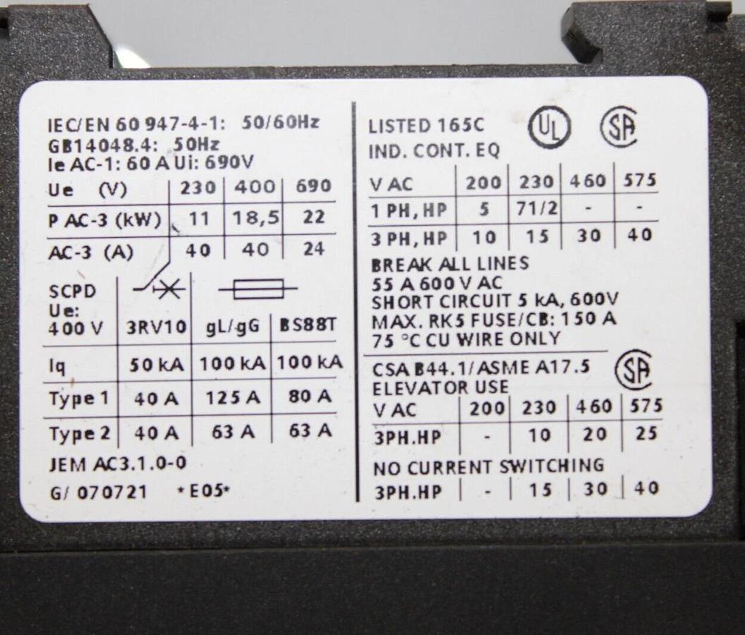 Used SIEMENS CONTACTOR 3RT1035-1A 55 AMP 600 VAC 40 HP 3-POLE 3-PHASE *WARRANTY*