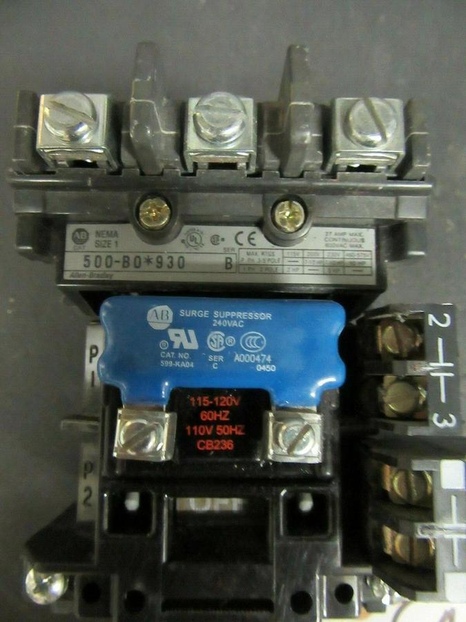 Used ALLEN BRADLEY CONTACTOR 500-B0*930 SER. B NEMA: 1  10 HP  600 VAC  COIL: 120 VAC