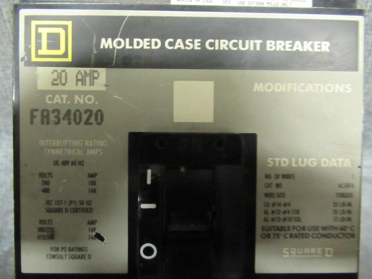 Used SQUARE D I LINE BREAKER FA34020 480VAC 20A 3 POLE **WARRANTY INCLUDED**