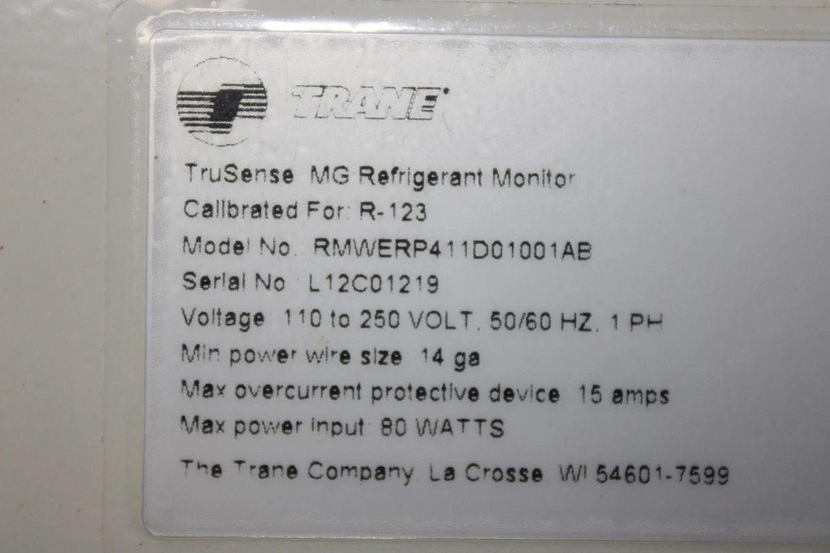 Used TRANE TRUSENSE MG REFRIGERANT 123 MONITOR RMWERP411D01001AB ENCL 4/12
