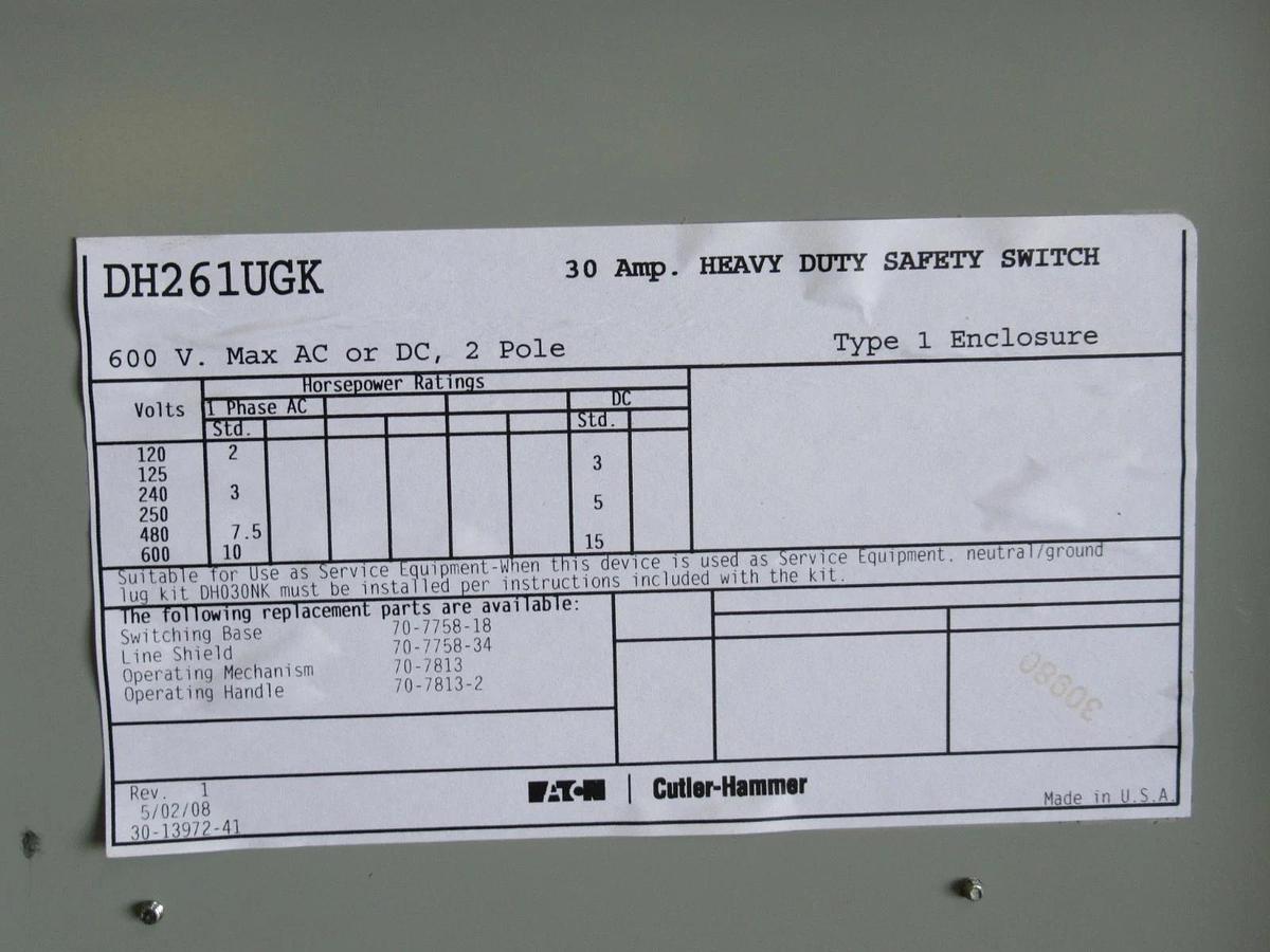 Used CUTLER HAMMER DISCONNECT DH261UGK 30A 600VAC/DC 2-POLE **WARRANTY INCLUDED**