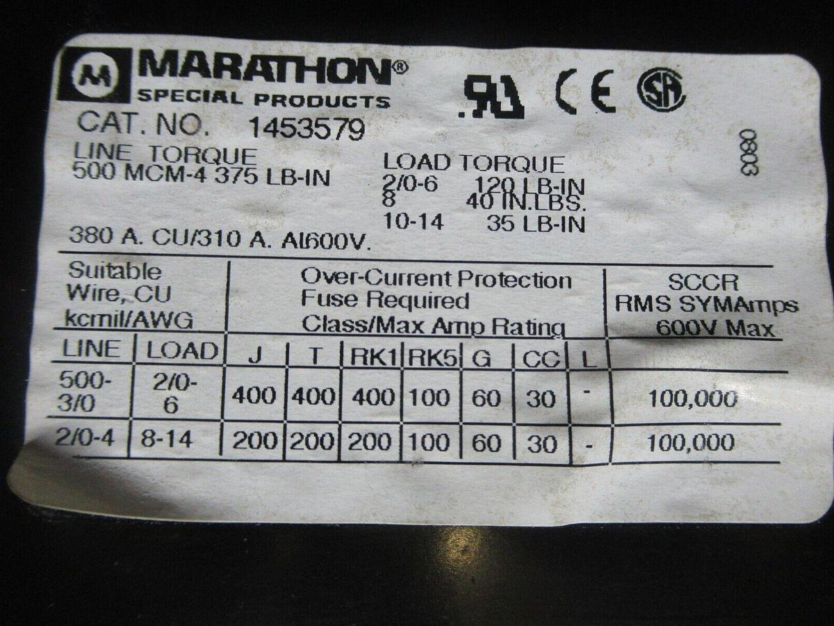 Used MARATHON POWER DISTRIBUTION BLOCK 1453579 380 AMP 600 VOLT **WARRANTY**
