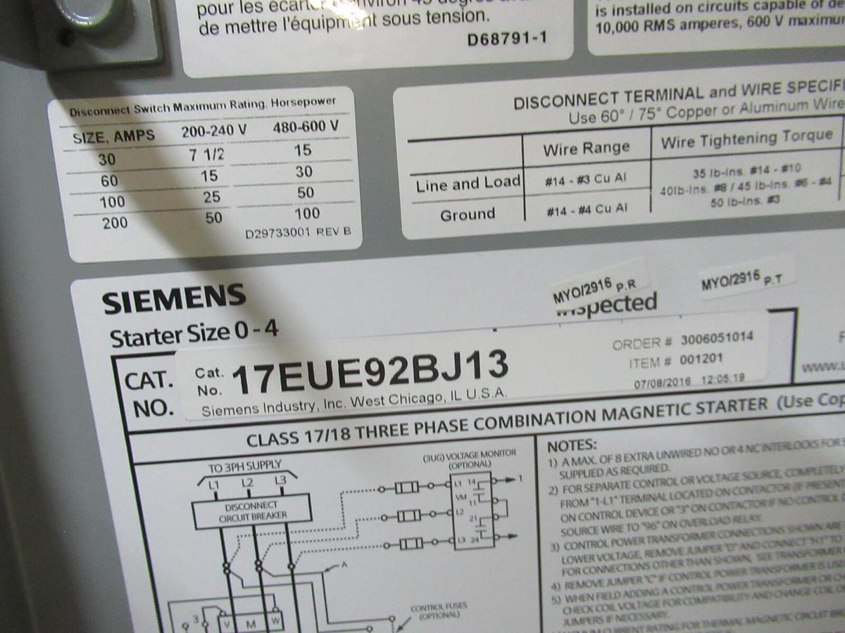 NEW SURPLUS SIEMENS COMBINATION STARTER 17EUE92BJ13 SIZE: 1 3/4 40 AMP 15 HP