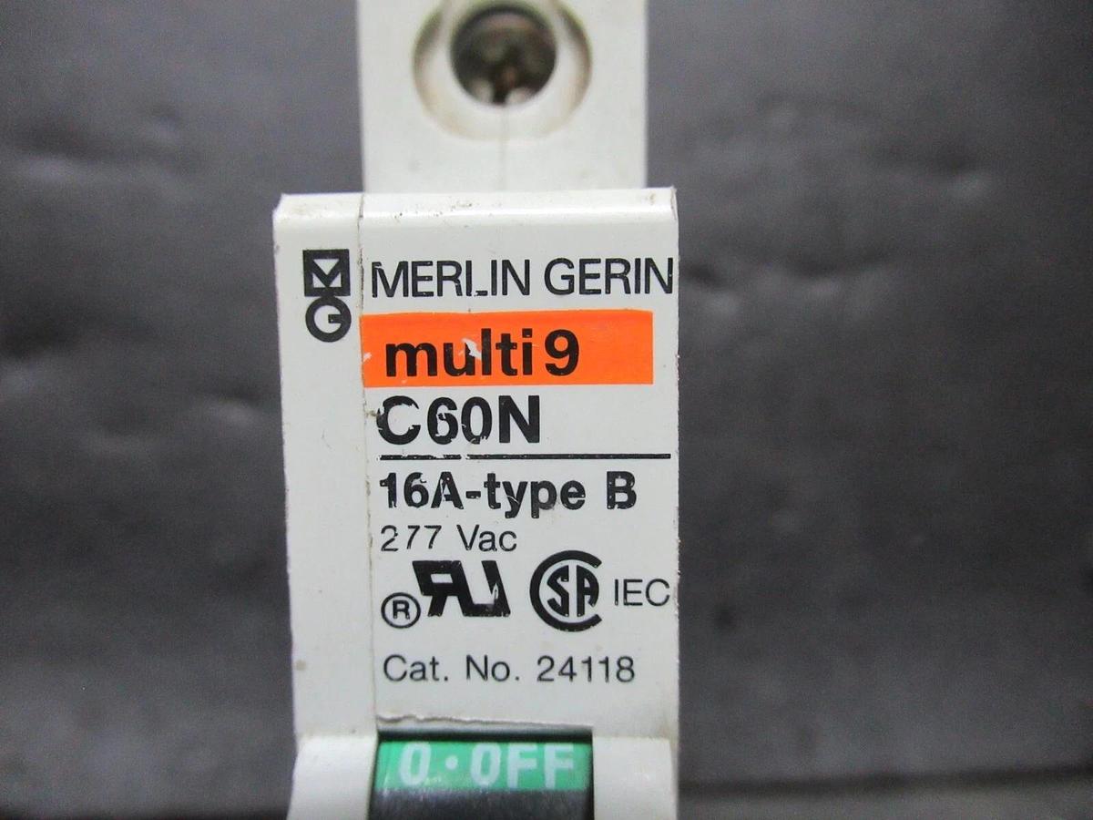 Used MERLIN GERIN SINGLE POLE BREAKER 24118 MULTI 9 C60N 16A-TYPE B 277 VAC