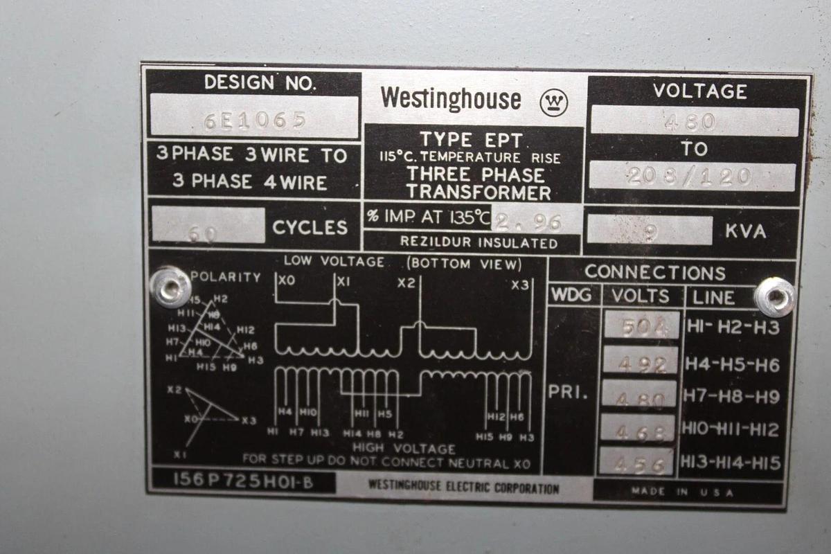 Used WESTINGHOUSE 3-PHASE EPT TRANSFORMER 6E1065 9 KVA HIGH: 480V LOW: 208/120V