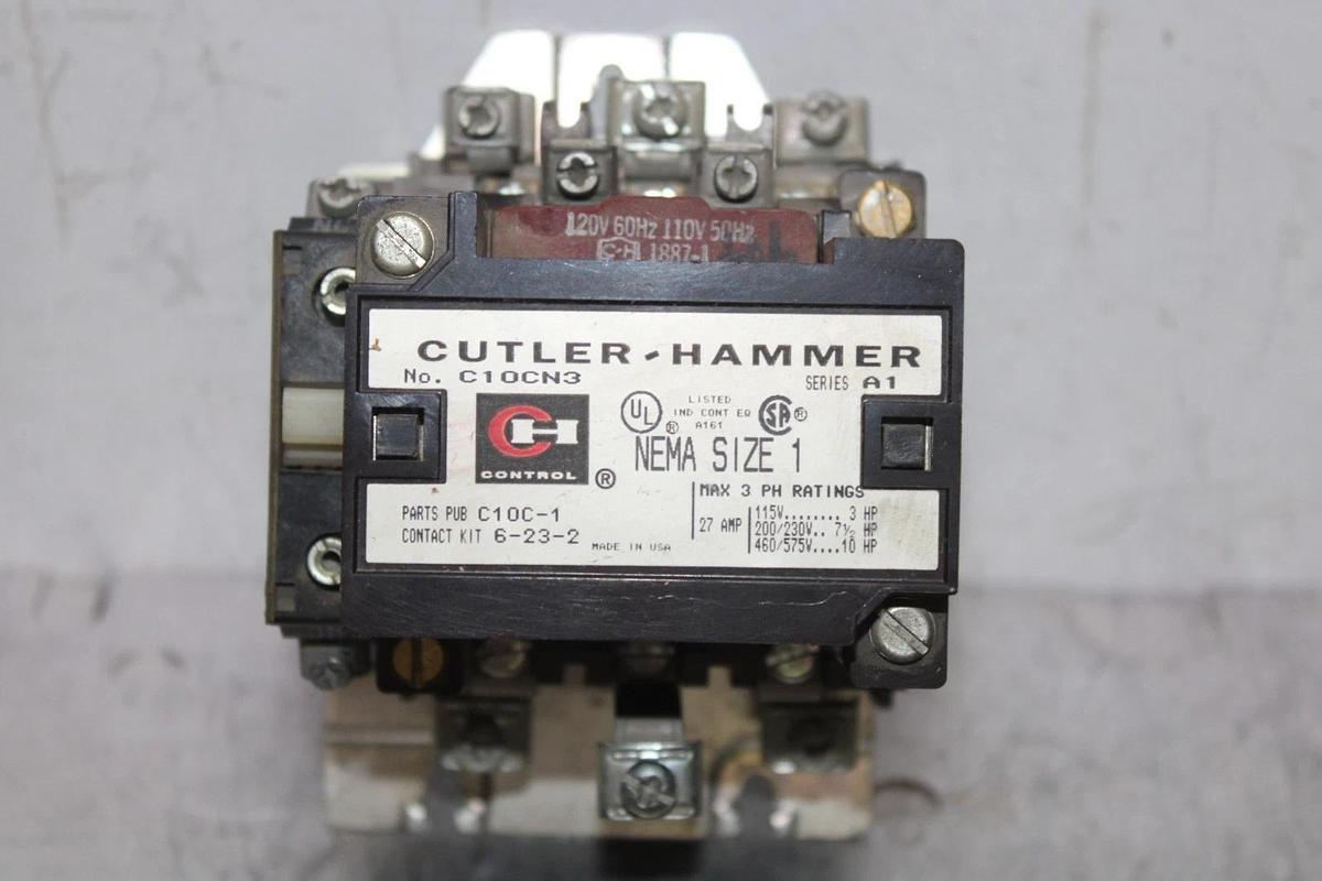 Used CUTLER-HAMMER NEMA CONTACTOR C10CN3 SIZE 1 27 AMP 3-PHASE 600 VAC COIL: 120 VAC