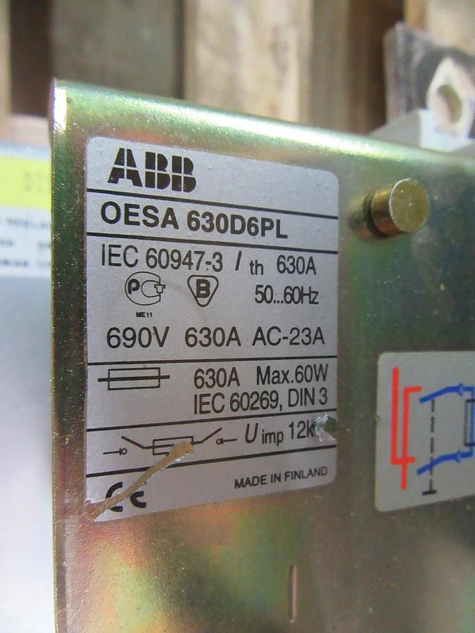 Used ABB DISCONNECT SWITCH OESA-630D6PL 630 AMP 690 VOLT 60 WATT W/ 170M5813D FUSES