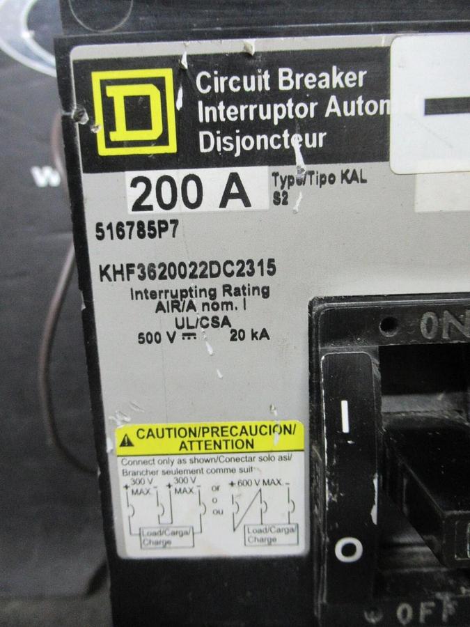 Used SQUARE D BREAKER KHF3620022DC2315 200 AMP 500 VDC W/ UNDERVOLTAGE TRIP AND AUX