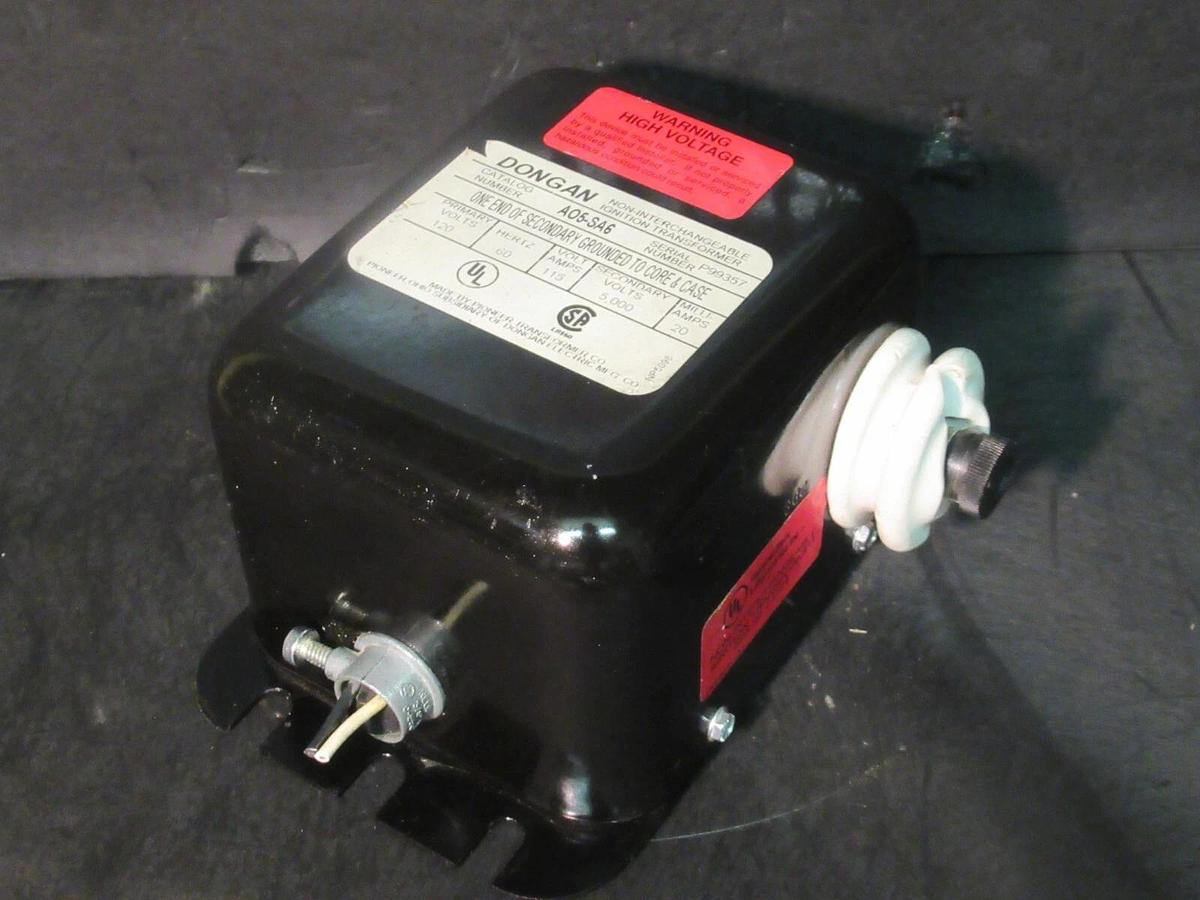 Used 115 VA DONGAN IGNITION TRANSFORMER NON-INTERCHANGEABLE 120 V PRI 5,000 V SEC A05