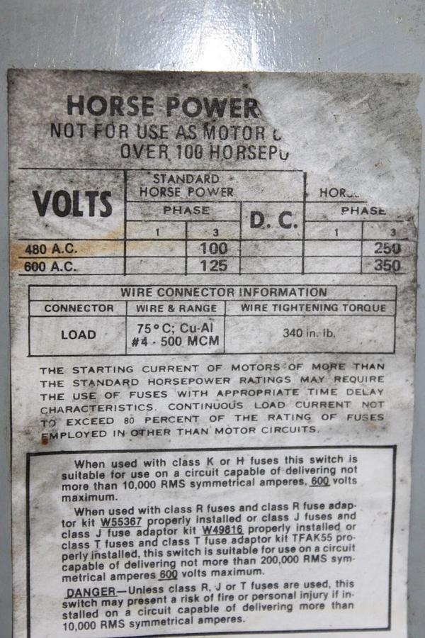 Used ITE VACU-BREAK PANELBOARD DISCONNECT SWITCH V7H3605 400 AMP 600 VAC 3-PHASE