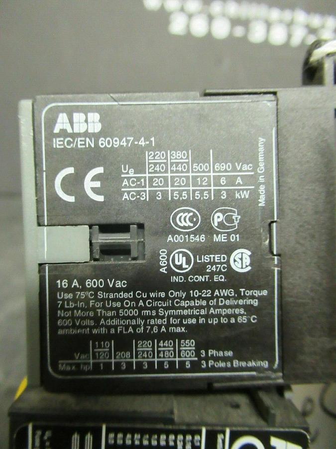 Used 16 AMP ABB STARTER B7-30-10 600 VAC 5 HP COIL: 24 VAC W/ T7DU OVERLOADS 1.6-2.4A