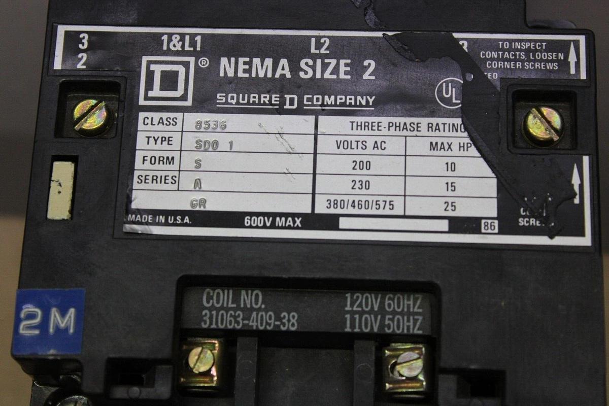 SQUARE D NEMA SIZE 2 STARTER 8536SD01V02S 600 VAC 25 HP 3-PHASE COIL: 120V *NEW*