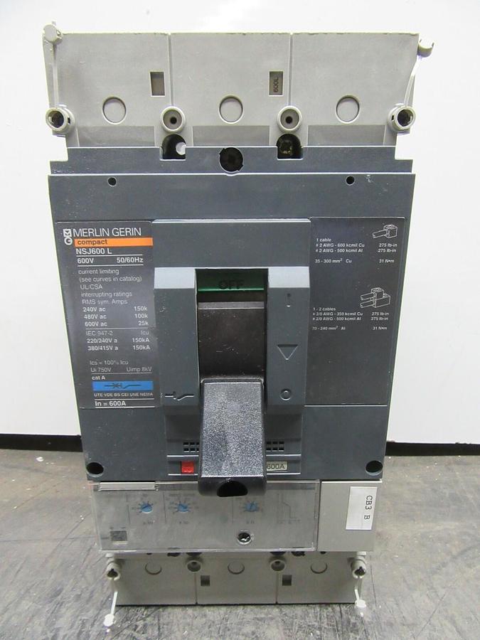 Used MERLIN GERIN COMPACT CIRCUIT BREAKER NSJ600L 240/600 AMP 600 VOLT 3-POLE 3-PHASE