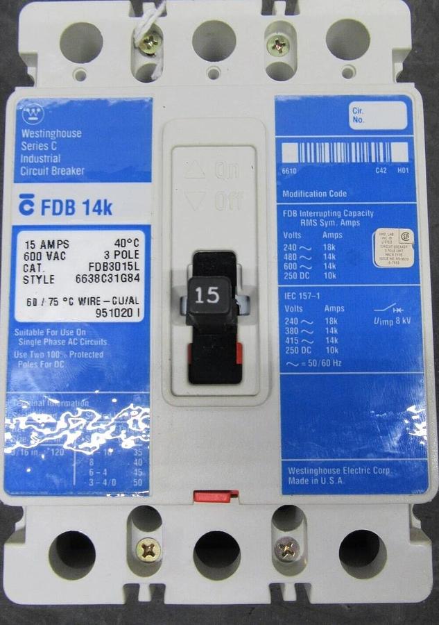 Used WESTINGHOUSE CIRCUIT BREAKER FDB3015L 15 AMP 600 VAC 3-POLE **WARRANTY**