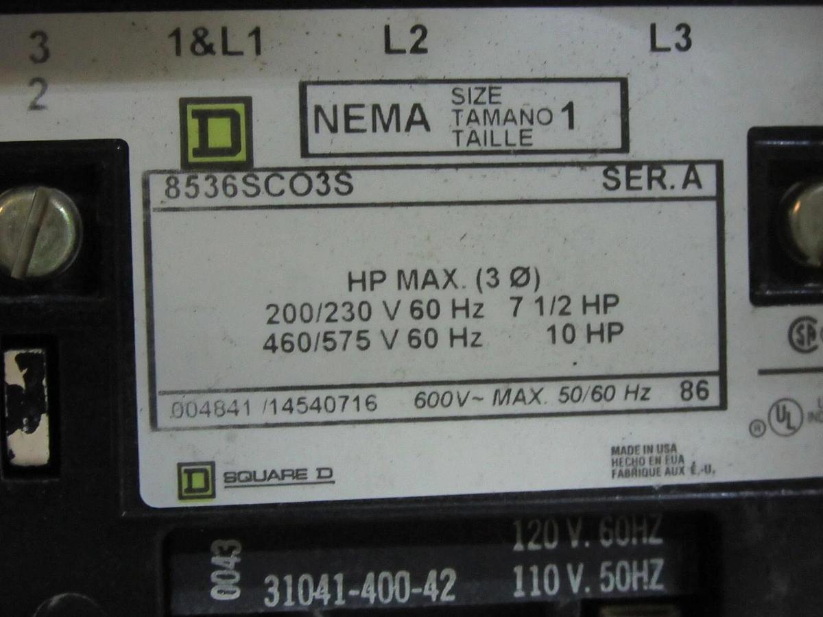 Used SQUARE D MODEL 6 MCC BUCKET NEMA SIZE 1 3 AMP 12" FA100-3MC6 W/ 8536SCO3S