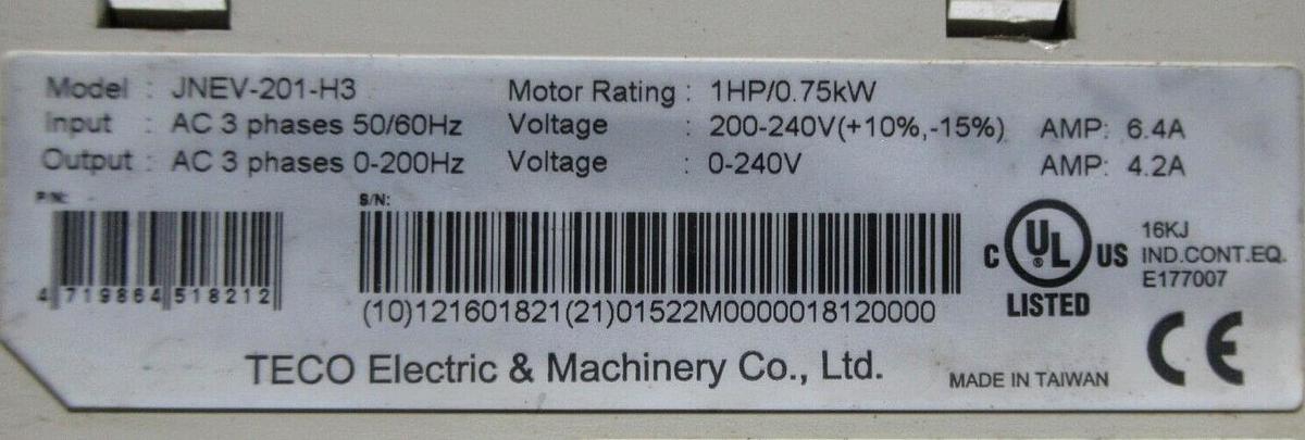NEW SURPLUS TECO VARIABLE AC SPEED DRIVE JNEV-201-H3 1 HP 0.75 KW 240 VOLT