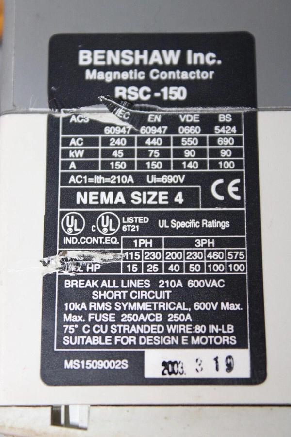 Used BENSHAW CONTACTOR RSC-150 NEMA 4 210 AMP 600 VAC 3-POLE COIL: 100-240 VAC