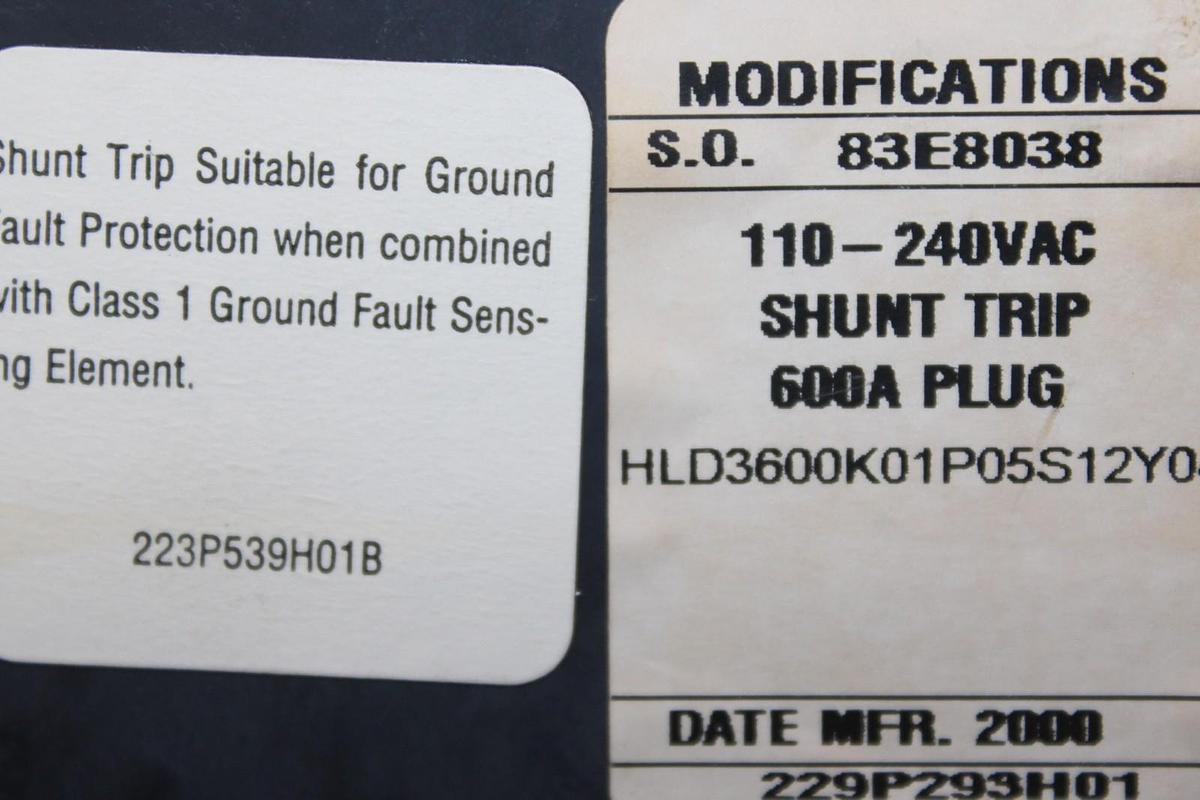 Used CUTLER HAMMER CIRCUIT BREAKER HLD3600F 600 AMP 600 VAC 3-POLE W/ SHUNT TRIP