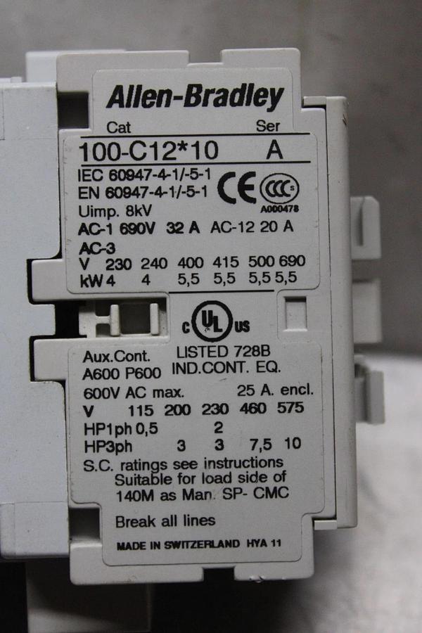 Used ALLEN BRADLEY CONTACTOR 100-C12*10 600 VAC 25 AMP 10 HP COIL: 120 VAC