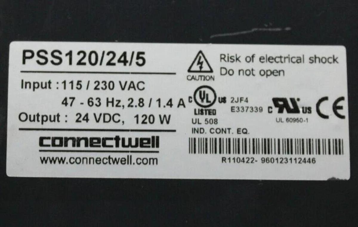 Used CONNECTWELL POWER SUPPLY PSS120/24/5 INPUT: 230 VAC 2.8A OUTPUT: 24 VDC 120W
