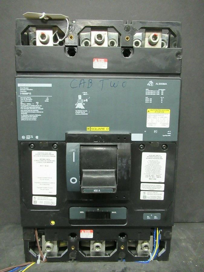 Used 450 AMP SQUARE D BREAKER 519568P15 600 VDC 3 POLE W/ AUXILIARY SWITCH & UVR