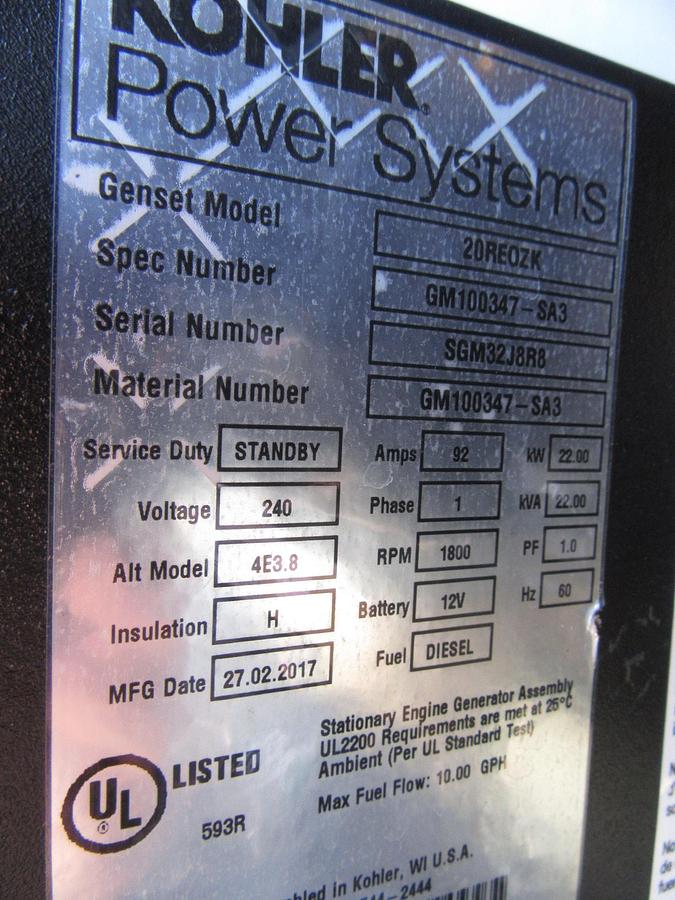 Used 20 KW DIESEL GENERATOR KOHLER 120/240V 20REOZK ENCLOSED ONLY 82 HRS