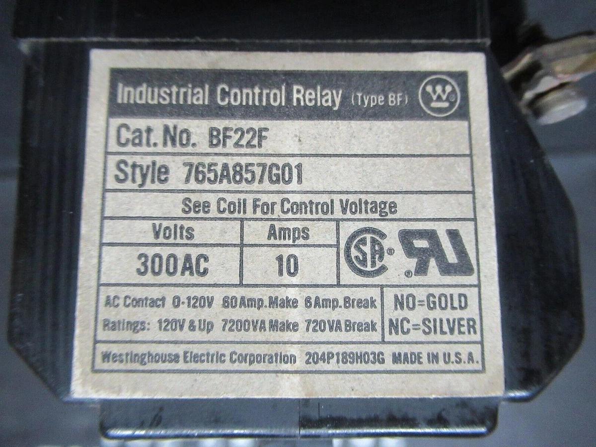 Used CUTLER-HAMMER INDUSTRIAL CONTROL RELAY BF22F 600 VOLT 10 AMP COIL: 120 V