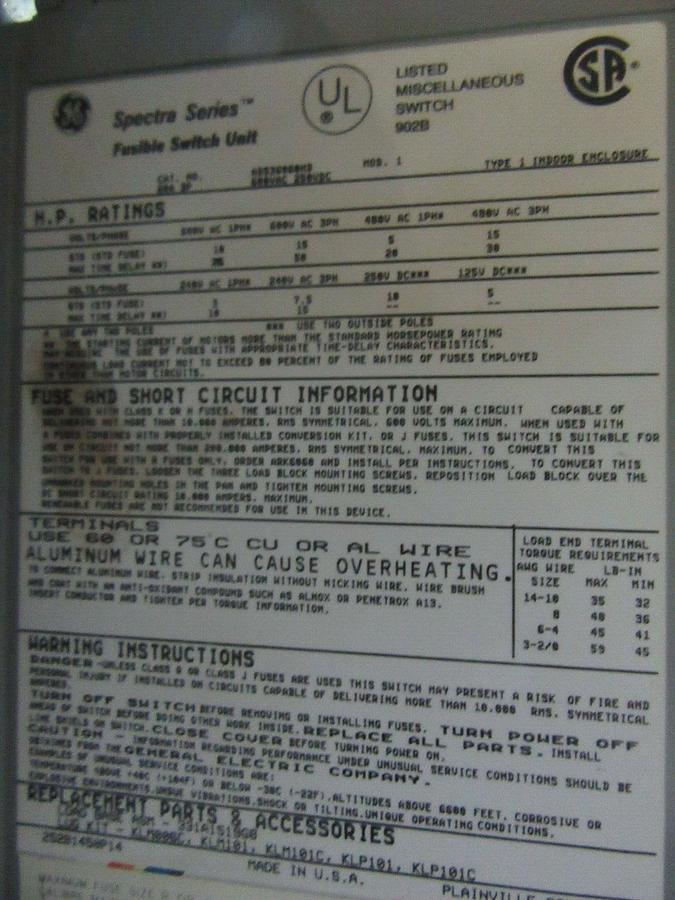 Used GE DUAL SPECTRA FUSIBLE PANEL SWITCH ADS36060HD 60 AMP 600 VOLT 50 HP