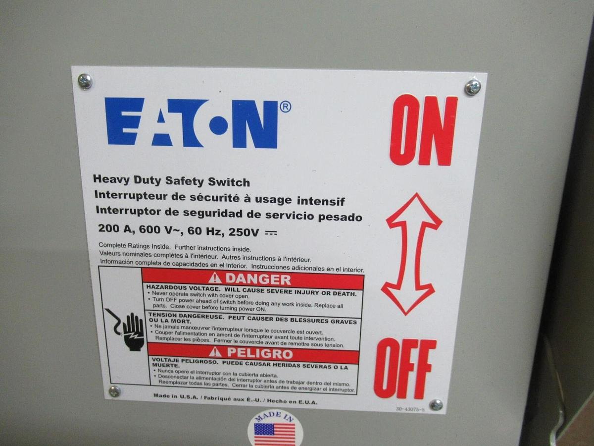NIB EATON 200 AMP HEAVY DUTY SAFETY SWITCH DH364UGK2 TYPE 1 3-POLE 150 HP 600 V