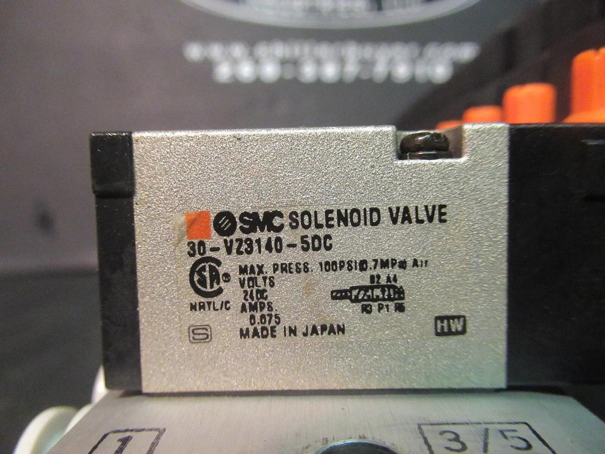 Used SMC SOLENOID VALVE BANK AND MANIFOLD 30-VZ-3140-5DC 24 VDC 0.075 AMP