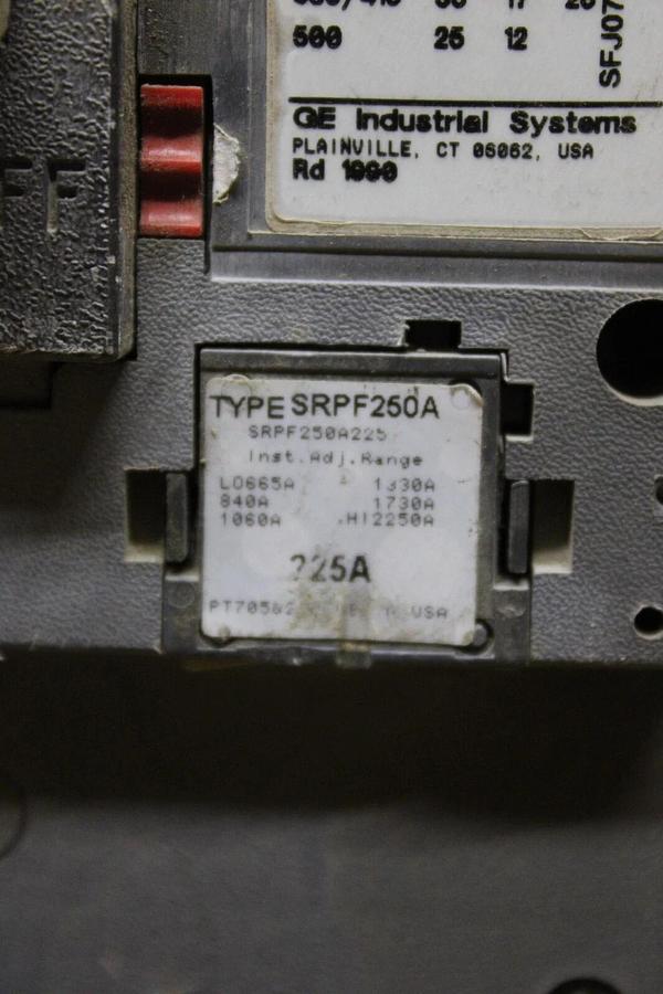 Used GE HI-BREAK CIRCUIT BREAKER SFHA36AT0250 225 AMP TRIP 600 VAC 3-POLE