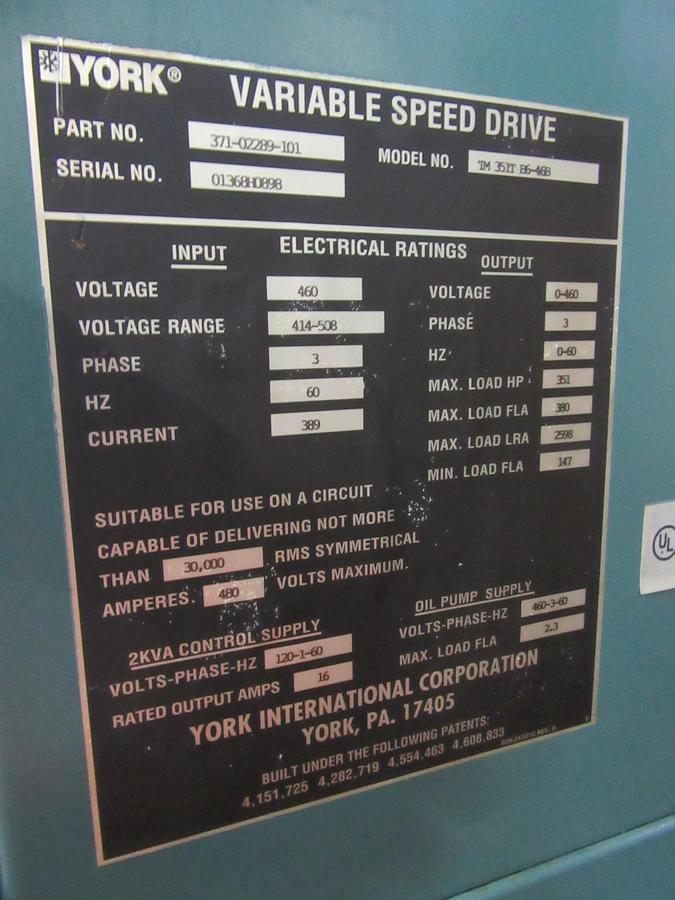 Used YORK 351 HP VARIABLE SPEED CHILLER DRIVE 371-02289-101 TM 351T B6-46B COMPLETE 460 V 380 A
